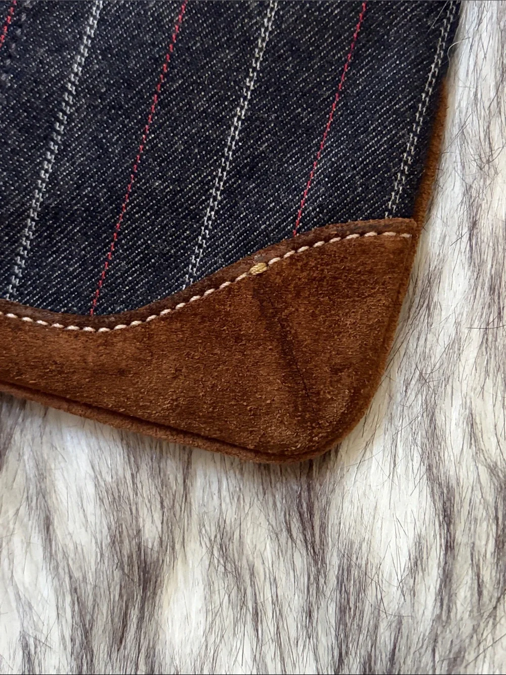 Coach denim Pinstripe Wristlet with Brown Suede Trim